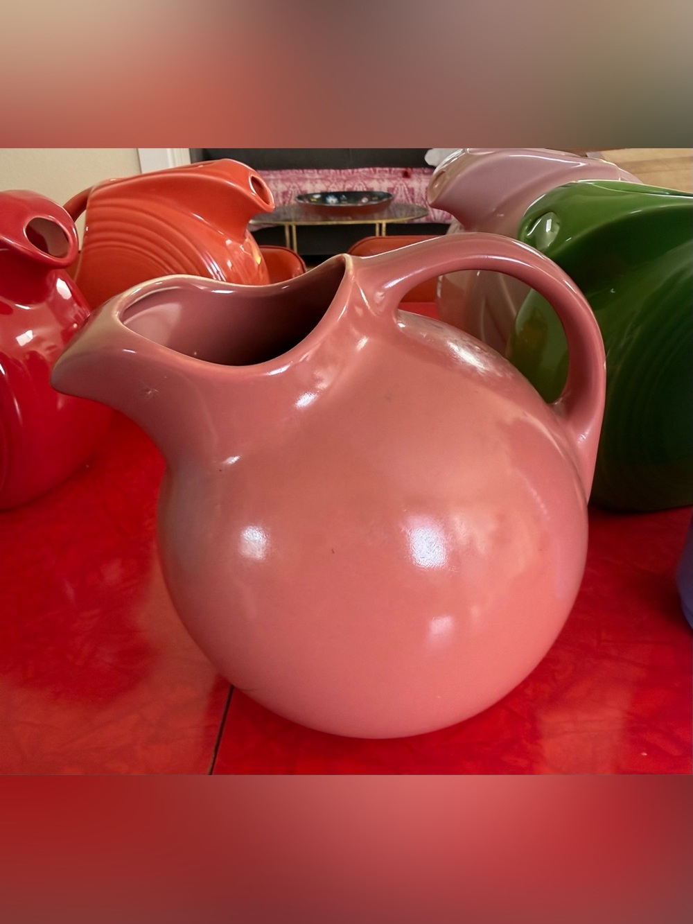 Vintage Hall China 633 Tilted Ball Pitcher Maroon Pink Ice Lip MCM Art Deco